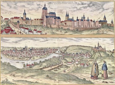 Näkymä Prahasta, jossa näkyy (yläpuolella) keisarillinen palatsi (Hradschin) ja (alla) Vltava-joki, jotka erottavat kaupungin vanhan ja nykyajan osia (kaiverrus) tekijältä Czech School