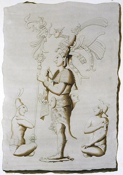 Kuningas, veistos palatsista, Palenque, Chiapas, Meksiko (värikaiverrus) tekijältä D.K. (after) Bonatti