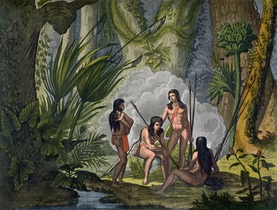 Camacani Tribesmen in Woodland Amazonin viidakossa, Brasiliassa, Jules Ferrarion "Le Costume Ancien et Moderne", osa I, levy 53, julkaistu noin 1820-30-luvulla (värikaiverrus) tekijältä D.K. Bonatti