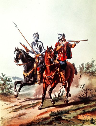 Ranskan ratsuväki aseistettu pyöränlukituspistooleilla (väri litho) tekijältä D. de (after) Noirmort