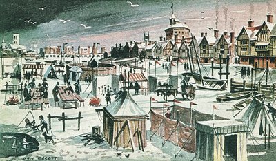Pakkasmessut Thames-joella (värilitografia) tekijältä Dan Escott