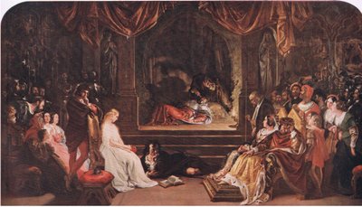 Hamlet ja pelaajat (Hamlet) "Hän myrkyttää hänet valtion puutarhaan", J Coker & Co Ltd:n The Complete Works of William Shakespeare -pubista (värilitho) tekijältä Daniel Maclise
