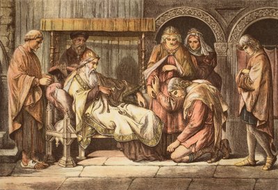 Normandiasta palaava Harold esittelee itsensä Edward Confesorille, JD Cooperin kaivertama (värillinen kaiverrus) tekijältä Daniel Maclise
