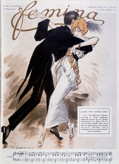 Pariskunta tanssii tangoa - kuvitus Daniel De Losques (Henri Casimir Paul Thouroude) (1880-1915) - elokuvassa "" Femina"" 15.10.1913 tekijältä Daniel de Losques