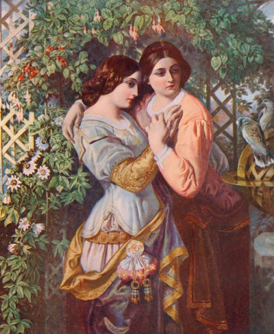 Shakespeare: Celia ja Rosalind, kuten haluat, näytös I, kohtaus 3 (värilitho) tekijältä Daniel (after) Maclise