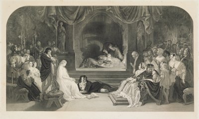 Näytelmäkohtaus, III näytös, William Shakespearen Hamletin II kohtaus, kaiverrus Charles W. Sharpe (litho) tekijältä Daniel (after) Maclise