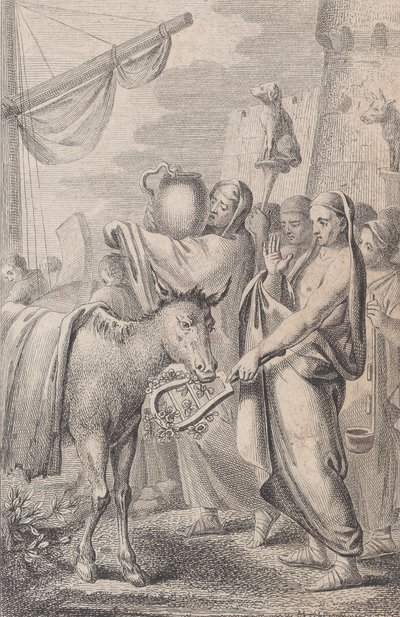 Figuurit oikealla lähellä laivaa, jotkut pitävät eläimiä päänsä päällä, hevonen vasemmalla, 1783 tekijältä Daniel Berger