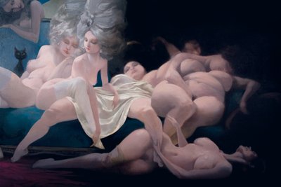 Nuori morsian ja hänen ystävänsä, yksityiskohta Charles Perraultin (1628-1703) Siniparrasta tekijältä Daniel Cacouault