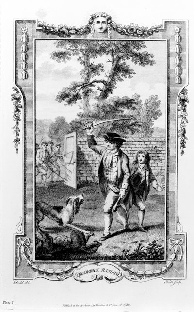 Koirat hyökkäävät Roderick Randomin setä vastaan, kuvitus Tobias Smollettin teoksesta "Roderick Random", kaivertanut James Heath, 1780 tekijältä Daniel Dodd