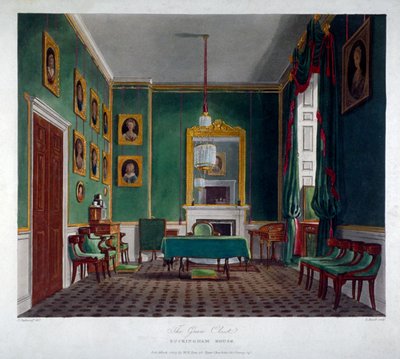 Sisäkuva vihreästä vaatehuoneesta Buckingham Housessa, Westminsterissä, Lontoossa, 1819 tekijältä Daniel Havell