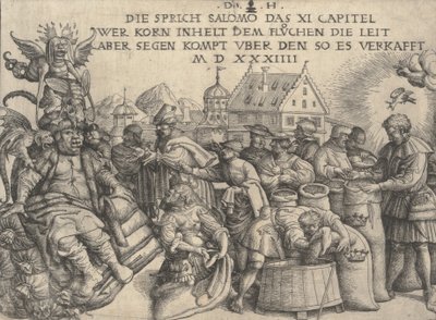 Kuvitus Sananlaskut 11:26, 1534. tekijältä Daniel Hopfer