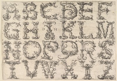 Koristeellinen roomalainen Majuscule Alphabet, n. 1520. tekijältä Daniel Hopfer