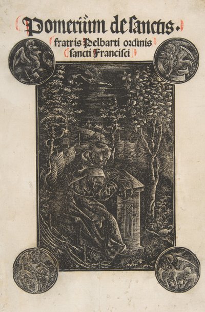 Fransiskaani, Pelbart Temesvarista, opiskelee puutarhassa Schr. 2876, 1502. tekijältä Daniel Hopfer.