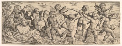 Neitsyt ja lapsi enkelien kanssa tanssimassa maisemassa, 1530-luku. tekijältä Daniel Hopfer