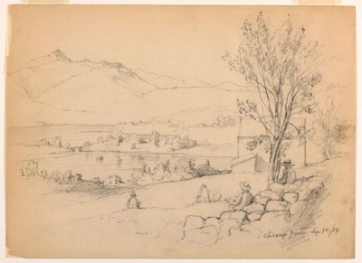 Piirros, Taiteilijat piirtämässä Chocorua Pondissa, New Hampshire, 28. syyskuuta 1854. tekijältä Daniel Huntington
