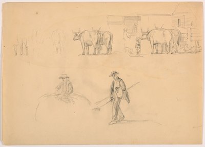 Piirustus, navetta; hahmoja ja härkiä, 1878 tekijältä Daniel Huntington