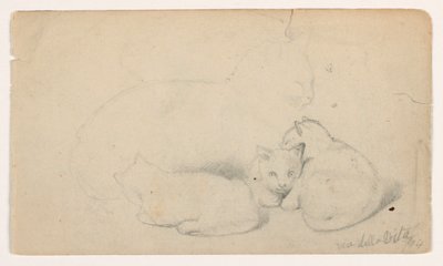 Piirros, Kissa ja kolme kissanpentua; Kääntöpuoli: arabimies istuu ja vastaanottaa miestä, mahdollisesti David Robertsin mukaan, 1844. tekijältä Daniel Huntington