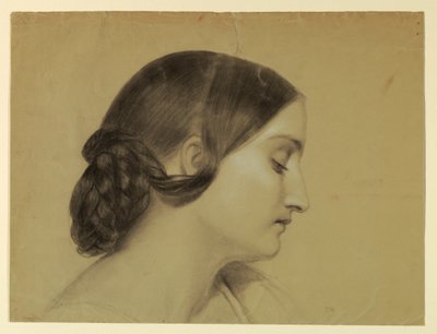 Piirros, Naisen profiili, jolla on punottu solmu, n. 1845. tekijältä Daniel Huntington