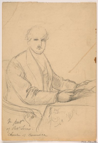 Piirros, Robert Lenox istuu pöydän ääressä kauppakamarin muotokuvaa varten, 1865 tekijältä Daniel Huntington