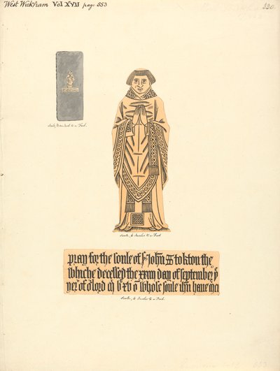 John Stocktonin messinkilevymonumentti, West Wickhamin kirkko tekijältä Daniel Lysons
