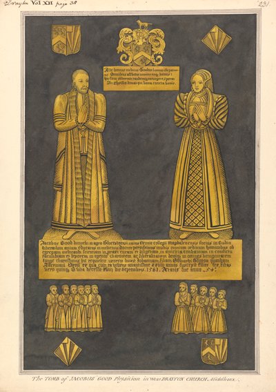 Messinkilautanen tohtori James Goodelle ja hänen vaimolleen Joanille, Edward Clintonin tyttärelle, West Drayton Church tekijältä Daniel Lysons