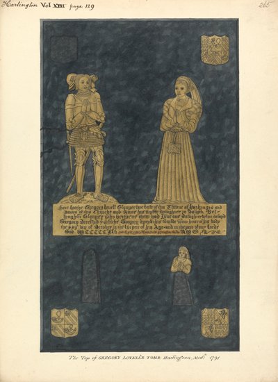 Messinkilautanen Gregory Lovellille ja hänen vaimolleen Annelle, David Bellinghamin tyttärelle, Harlington Church tekijältä Daniel Lysons