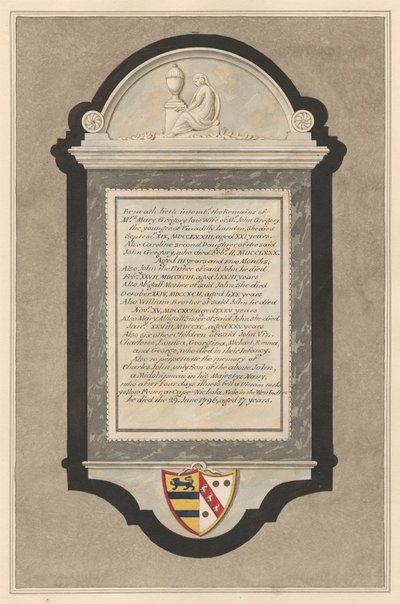 Muistomerkki rouva Mary Gregorylle, Caroline Gregorylle, John Gregorylle, Abigail Gregorylle, William Gregorylle, Mary Abigail Gregorylle, kuudelle lapselle: Charlotte, Louisa, Georgina, Michael, Emma ja George Gregory sekä Charles John Gregory Cranfordin  tekijältä Daniel Lysons