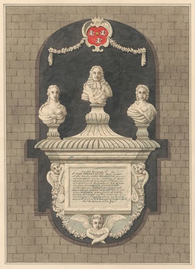 Muistomerkki Sir John Bennettille ja hänen vaimoilleen Elizabethille ja Bridgetille Harlington Churchista tekijältä Daniel Lysons