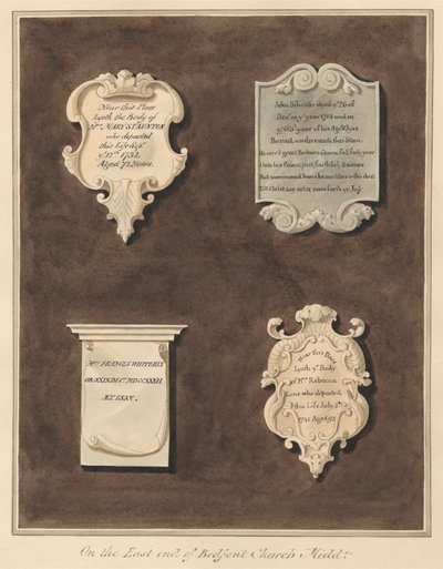 Muistomerkit rouva Mary Stauntonille, John Silvesterille, rouva Frances Whiterlylle ja rouva Rebecca Lonelle Bedfont Churchista tekijältä Daniel Lysons