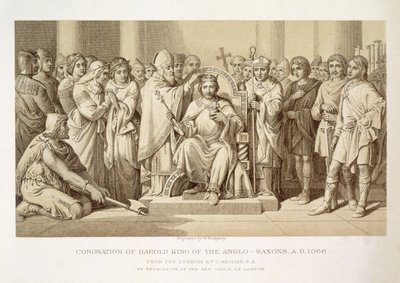 Haroldin, anglosaksien kuninkaan, kruunaus, kaiverrus W. Ridgeway tekijältä Daniel Maclise