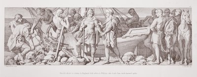 Harold, joka on palaamassa Englantiin, jättää hyvästit Williamille, joka lastaa hänelle jäähyväislahjoja "Normannien valloituksen tarinasta", jonka kaiverrus L. Gruner, 1866 tekijältä Daniel Maclise