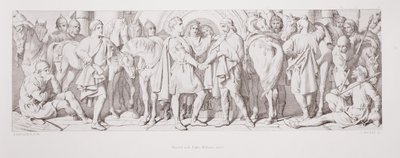 Harold ja herttua William tapaavat, L. Grunerin kaivertamasta The Story of the Norman Conquest -kirjasta, 1866 tekijältä Daniel Maclise