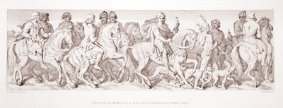 Harold ja hänen ritarit ratsastavat laivaannousupaikalleen Boshamiin, Sussexin osavaltioon "The Story of the Norman Conquest", kaiverrettu L. Gruner, 1866 tekijältä Daniel Maclise