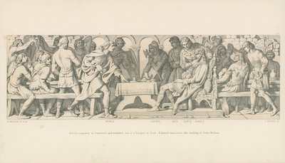 Harold Conqueror Stamfordissa ja haavoittunut istuu juhlissa Yorkissa. Herald ilmoittaa herttua Williamin maihinnousun tekijältä Daniel Maclise