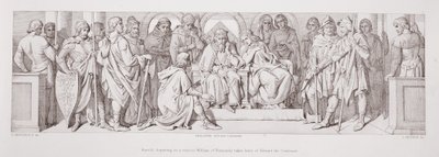 Harold, joka lähtee vierailemaan Normandian Williamin luona, jättää Edward The Confessorin, "The Story of the Norman Conquest", kaivertanut L. Gruner, 1866 tekijältä Daniel Maclise
