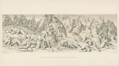 Englannin lipun edessä Haroldia lävistää putoava nuoli. tekijältä Daniel Maclise