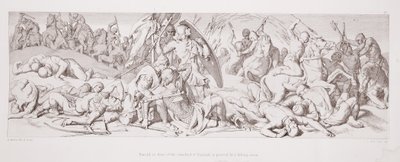Englannin standardin edessä oleva Harold on lävistetty putoavalla nuolella, "The Story of the Norman Conquest", kaiverrettu L. Gruner, 1866 tekijältä Daniel Maclise