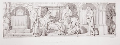 Normandiasta palannut Harold esittelee itsensä Edward Tunnustajalle teoksesta "Normannien valloituksen tarina", kaiverrettu L. Gruner, 1866 tekijältä Daniel Maclise