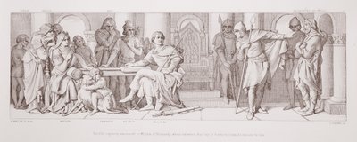 Haroldin vankeudesta ilmoitettiin William of Normandialaiselle, jolle kerrotaan, että Guy of Ponthieu vaatii lunnaita hänestä "The Story of the Norman Conquest", kaivertanut L. Gruner, 1866 tekijältä Daniel Maclise