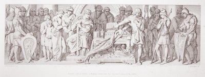 Haroldin uskollisuudenvala Vilhelmille pyhimysten kätkettyjen pyhäinjäännösten äärellä, teoksesta "The Story of the Norman Conquest", kaiverrettu L. Grunerilta, 1866. tekijältä Daniel Maclise
