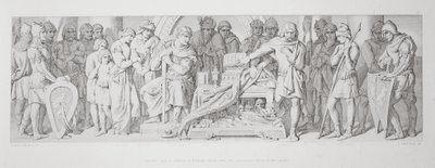 Haroldin uskollisuusvala Williamille, joka vannoi pyhien kätketyt jäännökset, "Normannien valloituksen tarinasta", kaiverrettu L. Gruner, 1866 88:Harold II (n. 1022-66), kruunattu 1. tekijältä Daniel Maclise