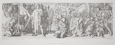Kunnianosoitus pyhitetylle lipulle, kirjasta "The Story of the Norman Conquest", kaivertanut L. Gruner, 1866 tekijältä Daniel Maclise