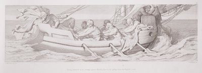Tostig, joka hävisi yrityksensä Haroldia vastaan, lentää keittiössään Englannin rannikolta, L. Grunerin kaiverruksesta "Normannien valloituksen tarina", 1866 tekijältä Daniel Maclise