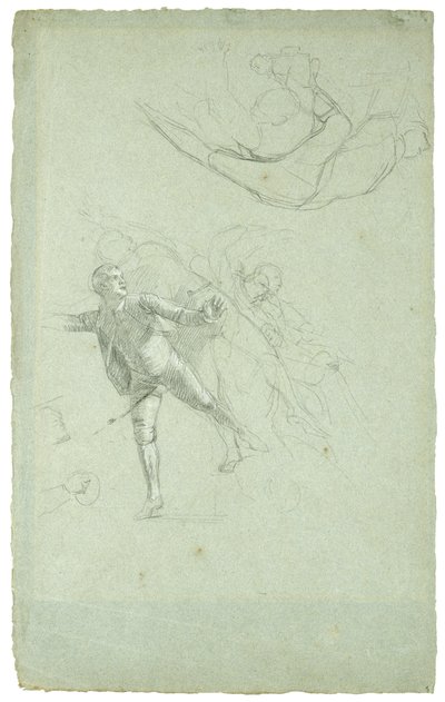 Study for The Siege of Gibraltarin (Tutkimus pitkäveneen tykkihahmolle), 1785-1786 (mustavalkoinen liitu harmaansinisellä paperilla) tekijältä Daniel Mytens