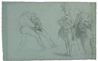 Study for The Siege of Gibraltarin (Tutkimus everstiluutnantti Lindsaystä ja hahmoja vetää köydestä), c. 1786-1787 (graftie ja mustavalkoinen liitu harmaansinisellä paperilla) tekijältä Daniel Mytens