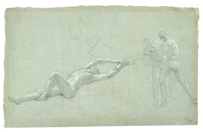 Tutkimus Gibraltarin piirityksestä (Tutkimus pelastettua hahmoa ja kahta airoa vetäävää hahmoa), 1785-1786 (mustavalkoinen liitu harmaanvihreällä paperilla) tekijältä Daniel Mytens