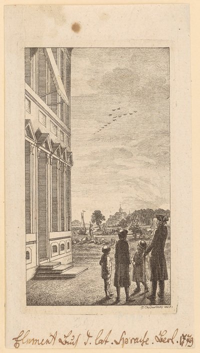 Ensimmäinen sivu Schulzen teoksesta ”Elementarbuch der lateinischen Sprache”, Berliini 1779 tekijältä Daniel Nikolaus Chodowiecki