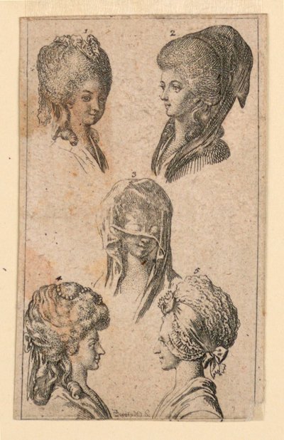 Viisi berliiniläisten naisten päähinettä, kuvitus "Königl: Grosbrit [anian] genealogical Calendar for the 1782 Lauenberg by J.G. Berenberg" tekijältä Daniel Nikolaus Chodowiecki