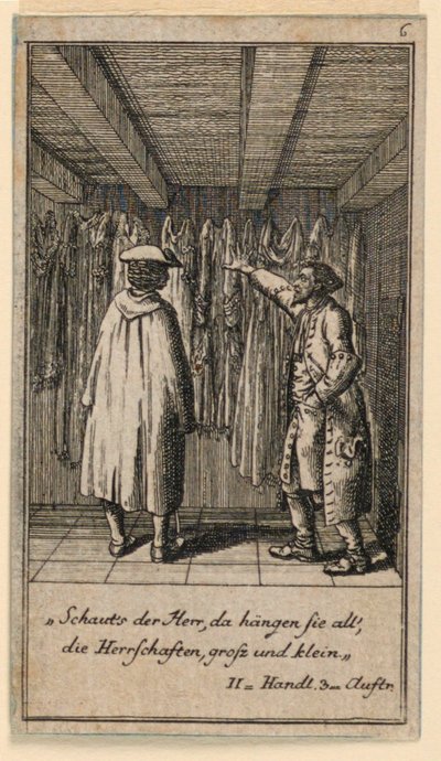 Pukukauppias, kuvitus Fredrich Wilhelm Grossmanin näytelmästä "Not more than sachs Schuesseln" teoksessa "Königl: Grosbrit [anian] Genealogical Calendar 1782 Lauenberg by J.G. Berenberg" tekijältä Daniel Nikolaus Chodowiecki