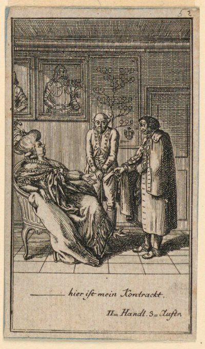 Vanhempi nainen palkkaa miehen, kuvitus Fredrich Wilhelm Grossmanin näytelmästä "Not more than sachs Schuesseln" teoksessa "Königl: Grosbrit [anian] Genealogical Calendar for the 1782 Lauenberg by J.G. Berenberg" tekijältä Daniel Nikolaus Chodowiecki